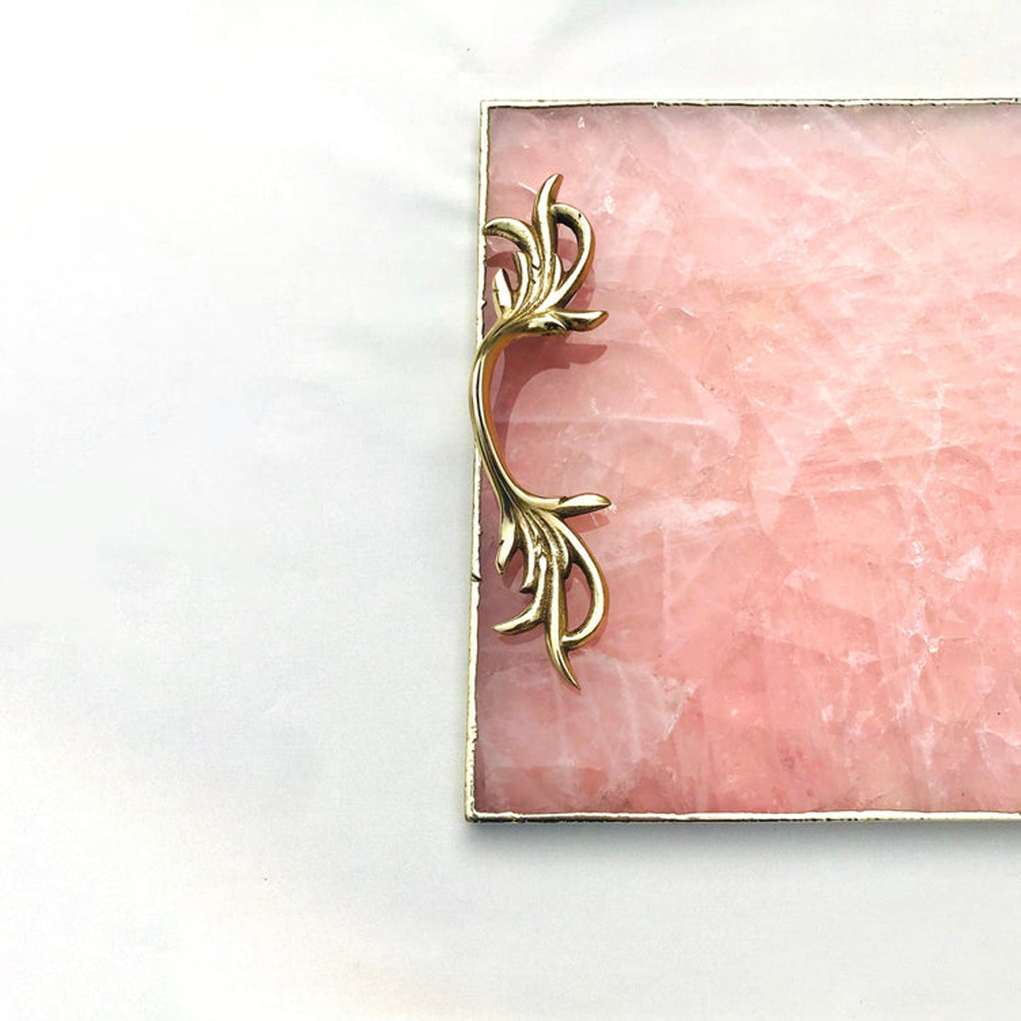 Rose Quartz Agate Serving Tray With Brass Handles-4