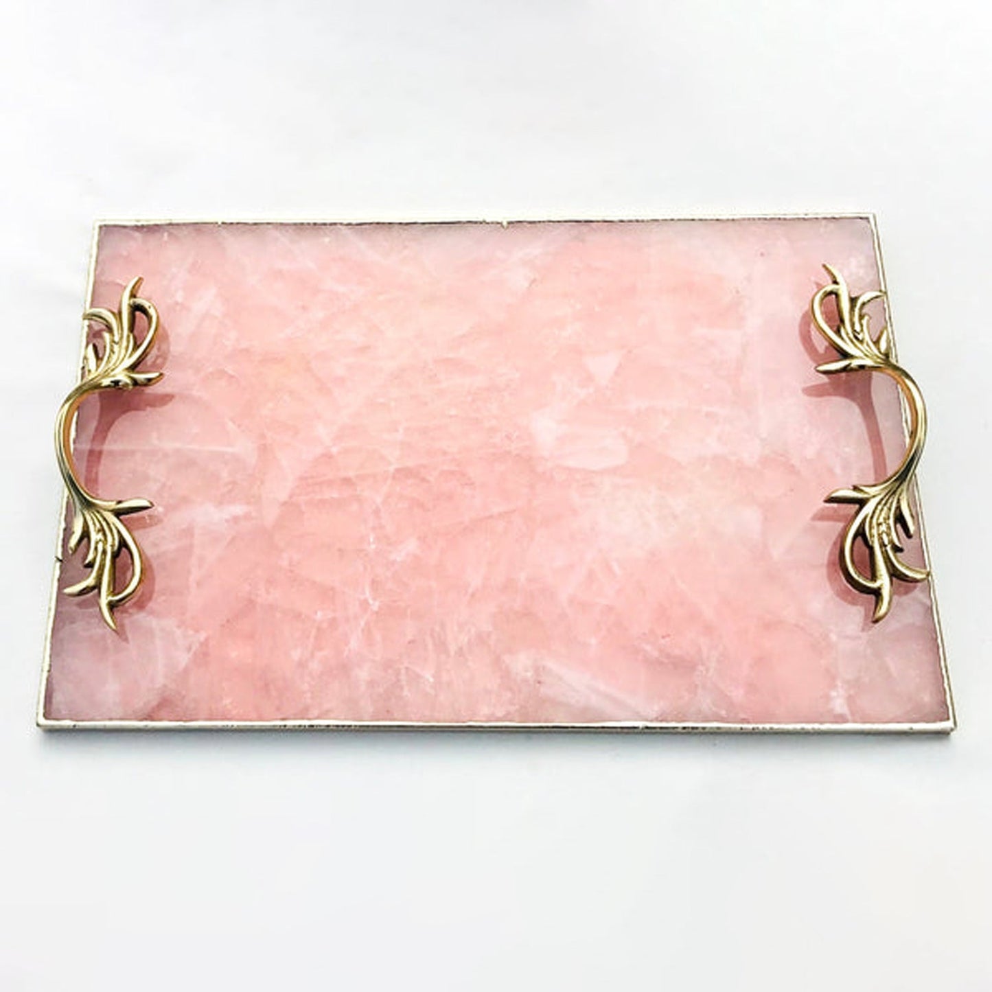Rose Quartz Agate Serving Tray With Brass Handles-0