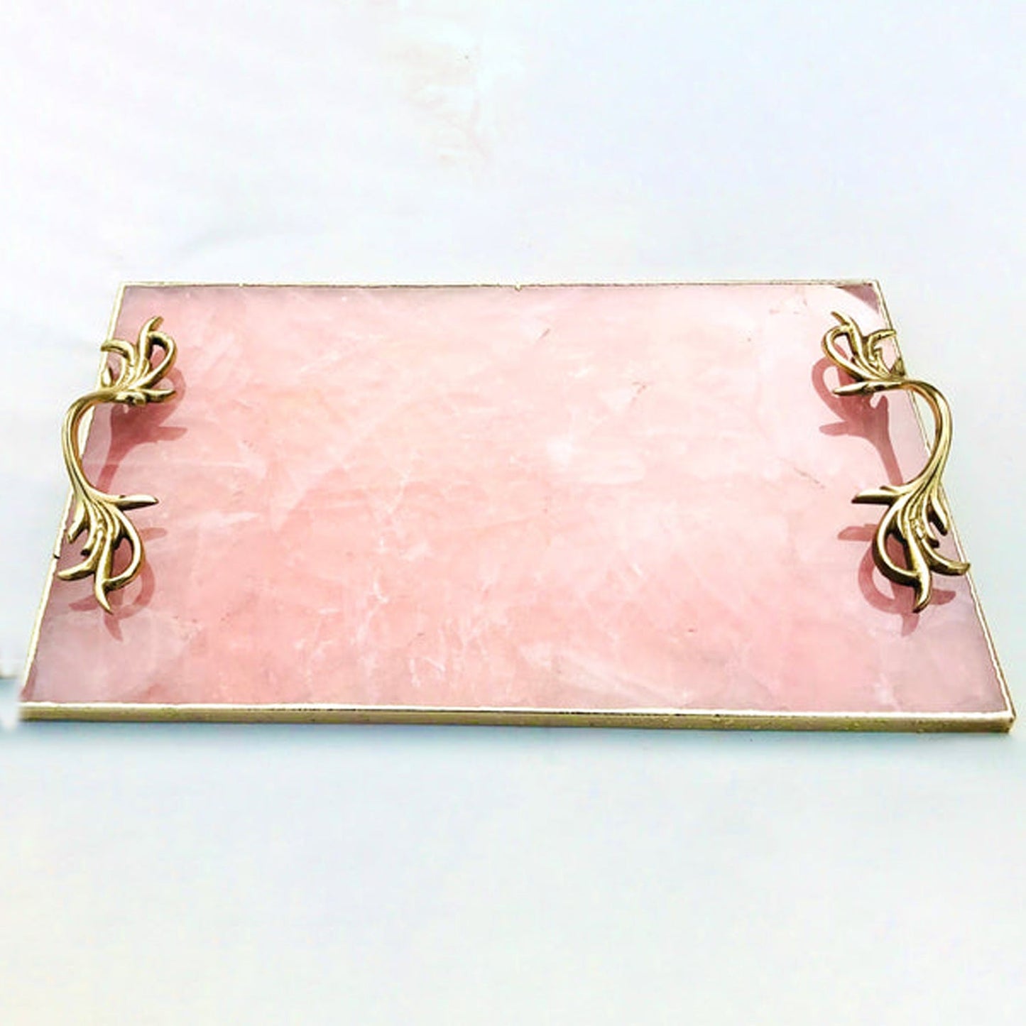 Rose Quartz Agate Serving Tray With Brass Handles-1