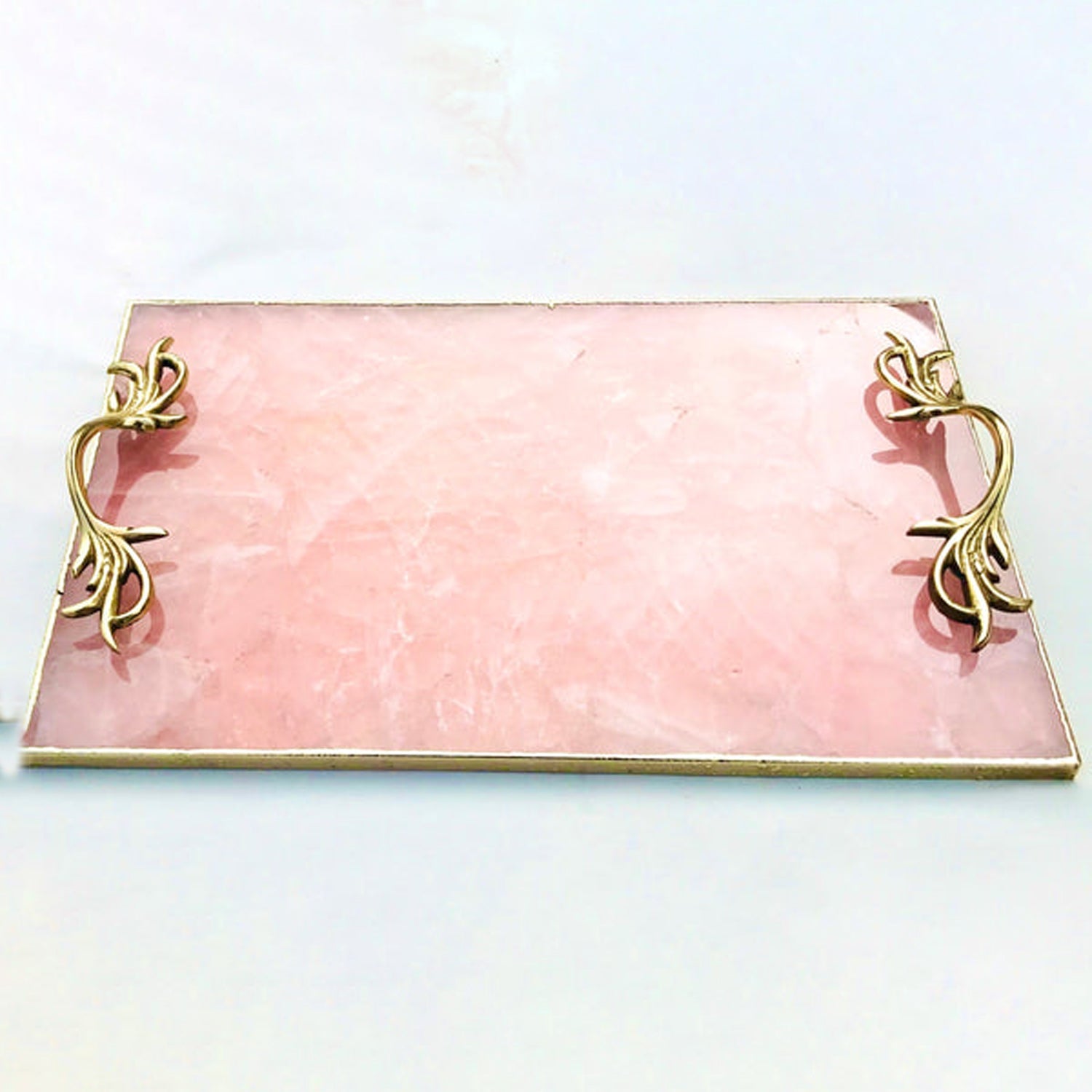 Rose Quartz Agate Serving Tray With Brass Handles-1