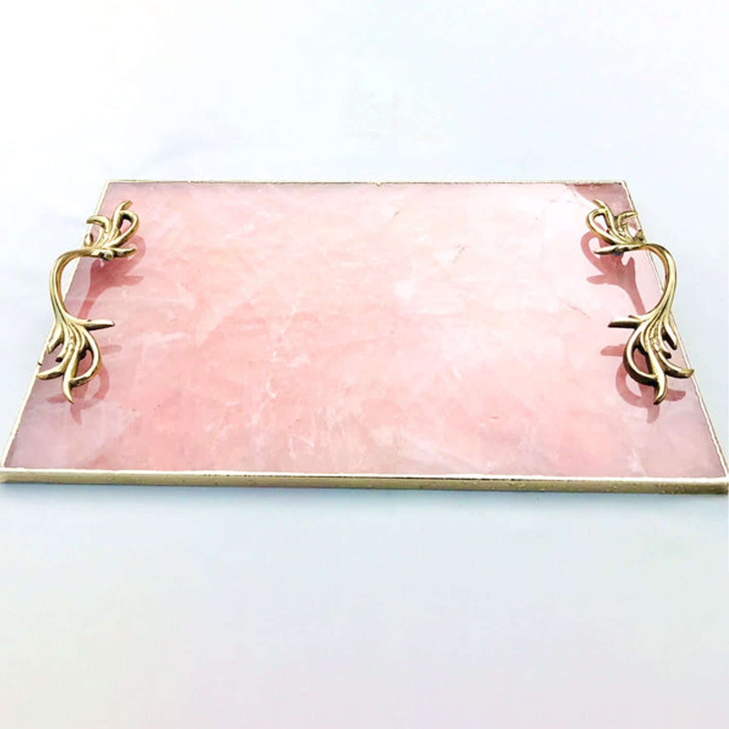 Rose Quartz Agate Serving Tray With Brass Handles-2