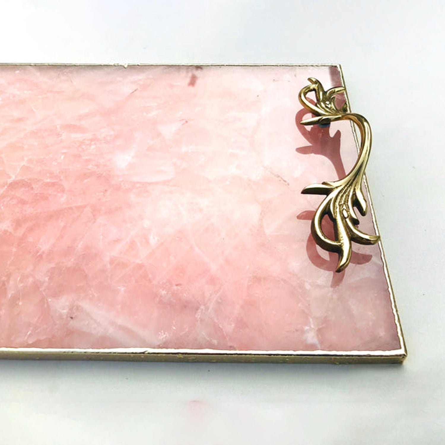 Rose Quartz Agate Serving Tray With Brass Handles-3