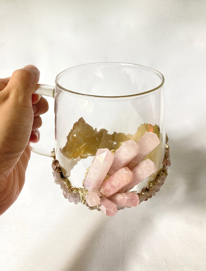 Set of 2 |Crystal Glass Coffee/Tea/Juice Mugs with Gold Plated Rose Quartz Agate/Quartz Semi-precious Crystals | 17 oz/500 ml-2